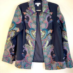 Coldwater Creek Wool Paisley Blazer Peacock Colors On Black Oversized Vintage M